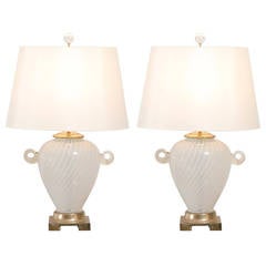 Outstanding Pair of Cream Murano Lamps with Blown Glass Handles 5
