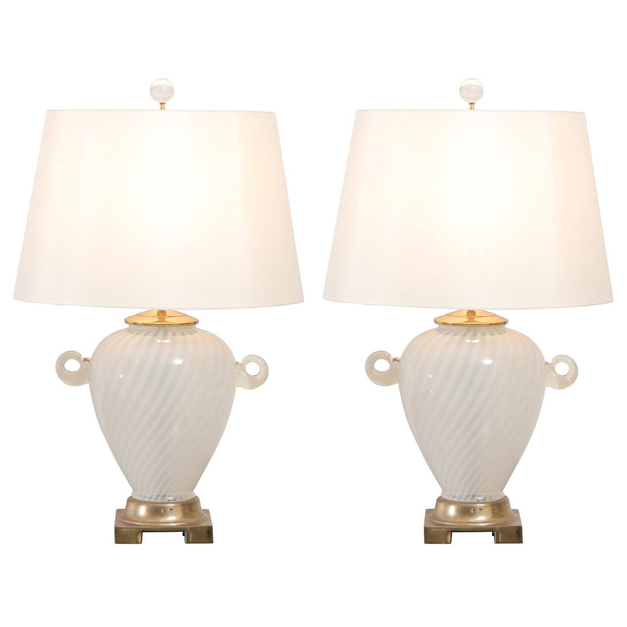 Outstanding Pair of Cream Murano Lamps with Blown Glass Handles For Sale