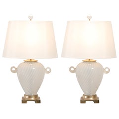 Outstanding Pair of Cream Murano Lamps with Blown Glass Handles