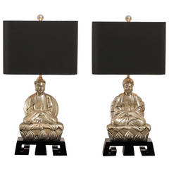 Elegant Pair of Cast Asian Lamps on Greek Key Base 10