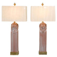 Retro Noble Pair of Restored Lion Head Lamps in Terracotta and Brass, circa 1970