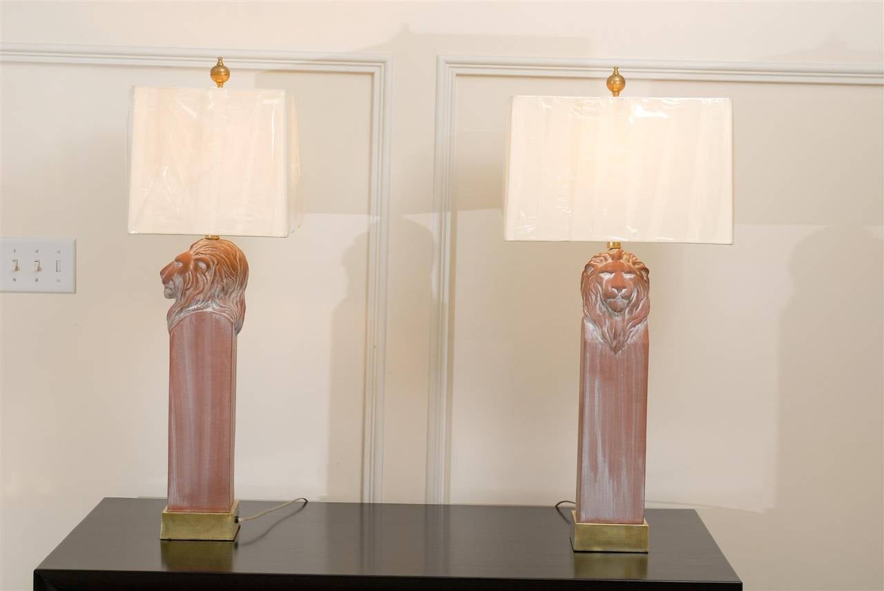 Late 20th Century Noble Pair of Restored Lion Head Lamps in Terracotta and Brass, circa 1970 For Sale
