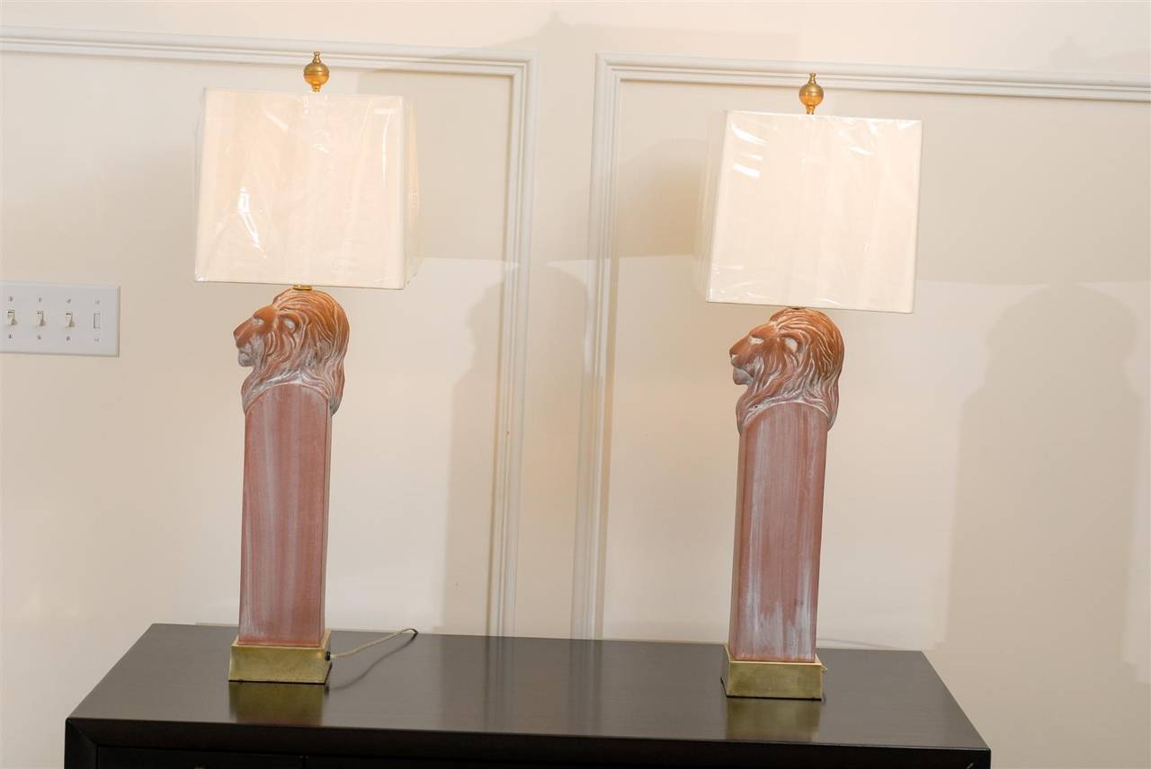 Mid-Century Modern Noble Pair of Restored Lion Head Lamps in Terracotta and Brass, circa 1970 For Sale
