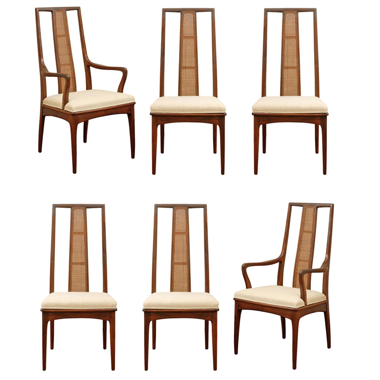 Elegant Set of Six Walnut and Cane Dining Chairs by John Stuart