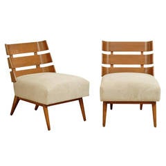 Remarkable Pair of Walnut Slat Back Lounge Chairs by Robsjohn-Gibbings