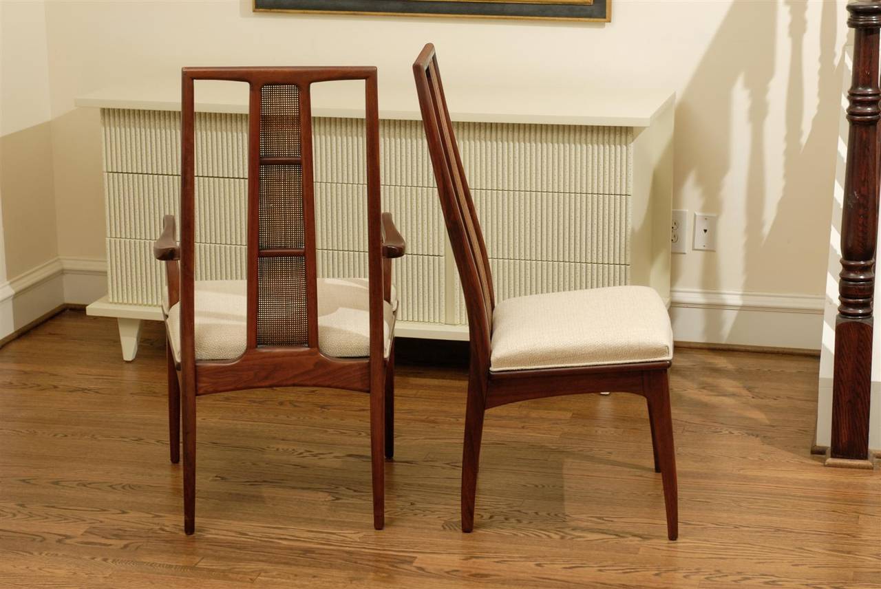 Mid-20th Century Elegant Set of Six Walnut and Cane Dining Chairs by John Stuart For Sale