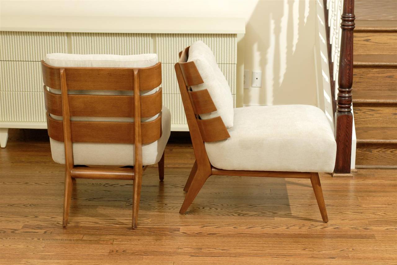 American Remarkable Pair of Walnut Slat Back Lounge Chairs by Robsjohn-Gibbings