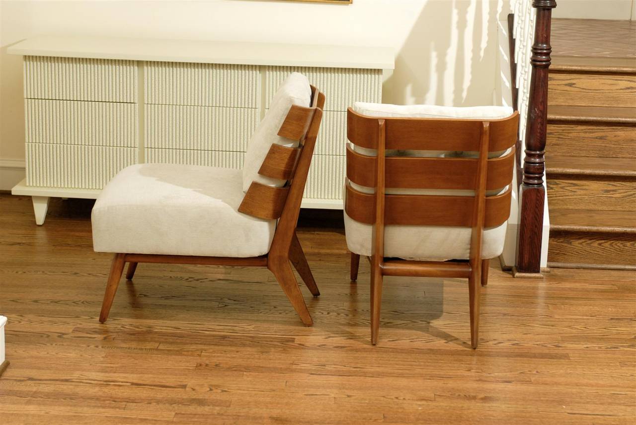 Remarkable Pair of Walnut Slat Back Lounge Chairs by Robsjohn-Gibbings 3