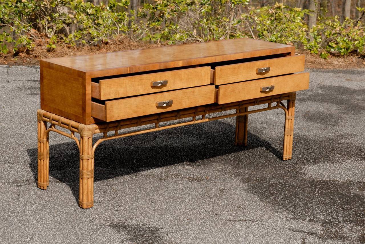 Stunning Vintage Henredon Console on Rattan Base In Excellent Condition In Atlanta, GA