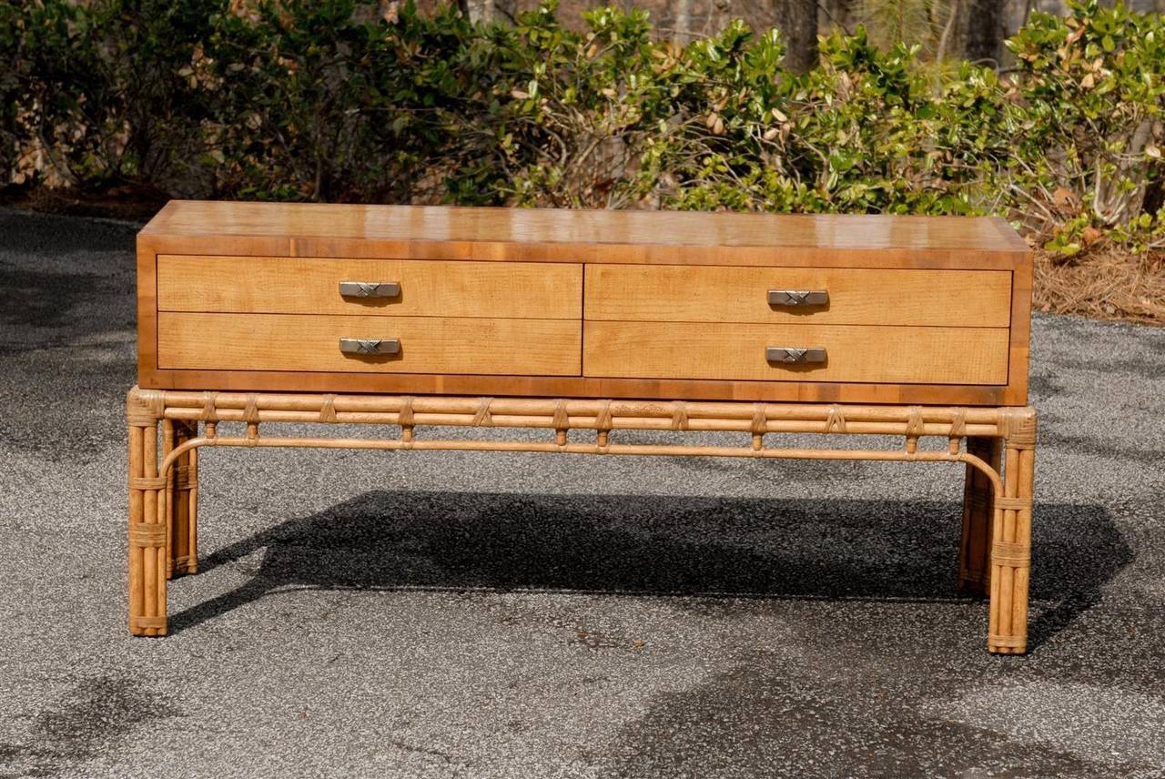 Hardwood Stunning Vintage Henredon Console on Rattan Base