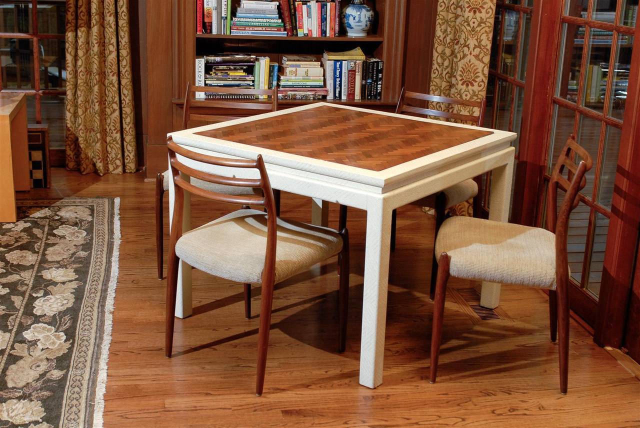 Mid-Century Modern Outstanding Cream Raffia Game Table with Walnut Parquet Top