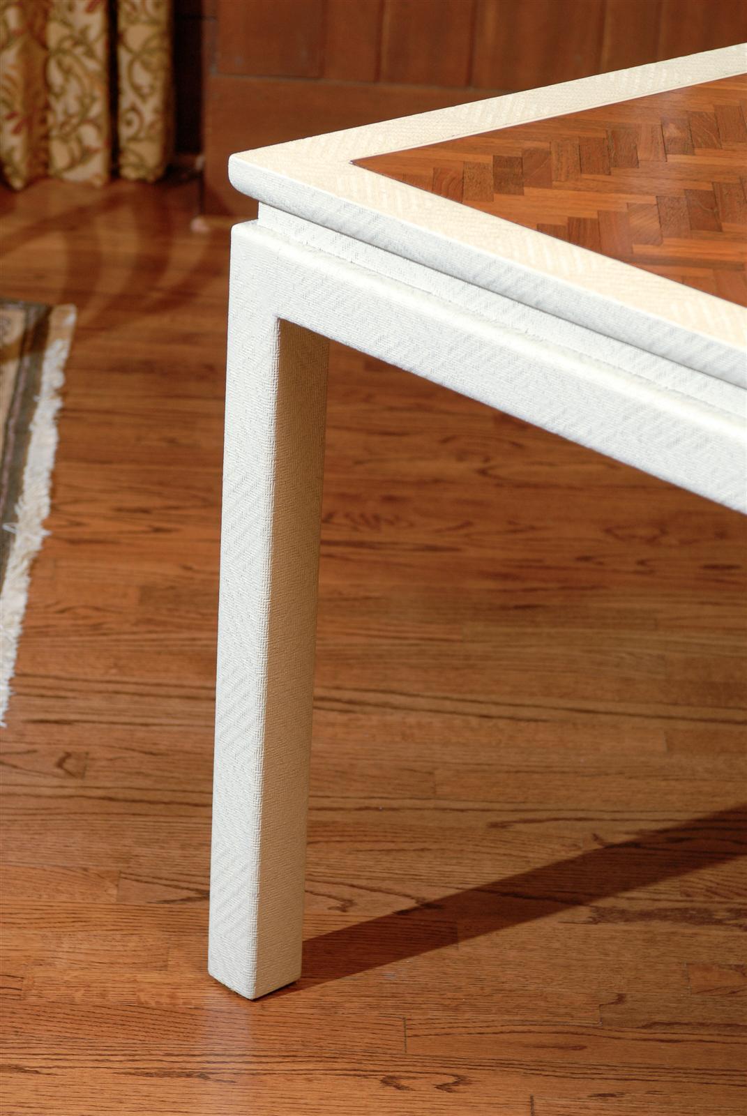 Outstanding Cream Raffia Game Table with Walnut Parquet Top 1