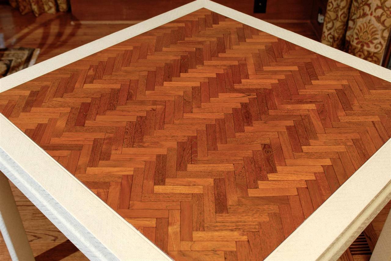 Late 20th Century Outstanding Cream Raffia Game Table with Walnut Parquet Top