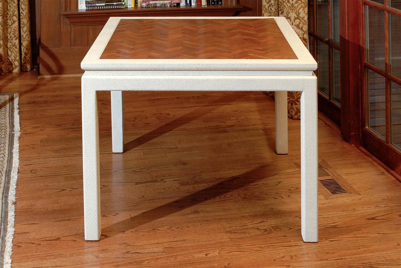 Outstanding Cream Raffia Game Table with Walnut Parquet Top 2