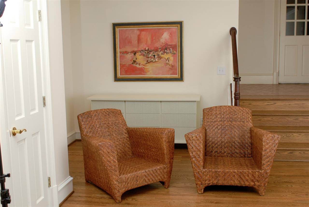 Mid-Century Modern Handsome Pair of Vintage Rattan Club Chairs