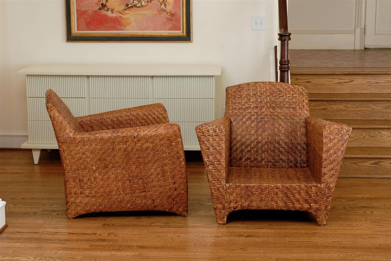 Late 20th Century Handsome Pair of Vintage Rattan Club Chairs