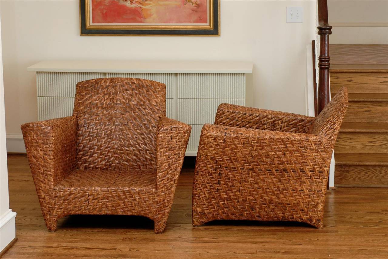 Unknown Handsome Pair of Vintage Rattan Club Chairs