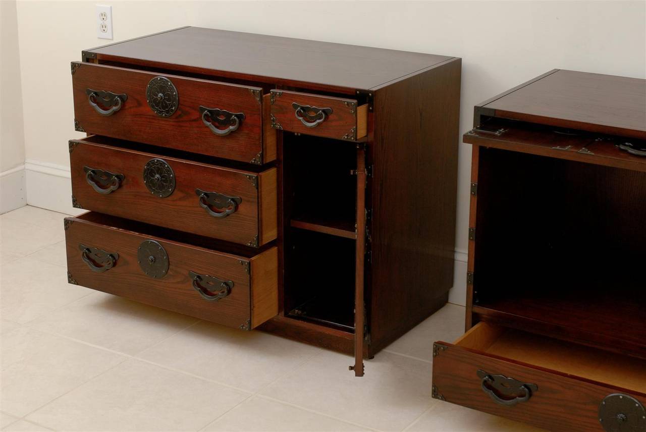 Oak Amazing Restored Pair of Vintage Modern Tansu Chests by Baker