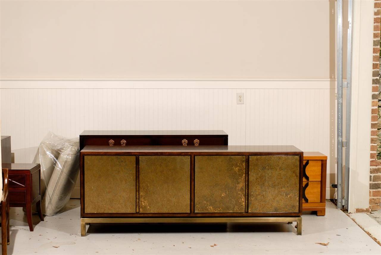 Mid-Century Modern Sophisticated Burl Walnut Credenza with Reverse Painted Doors by Widdicomb