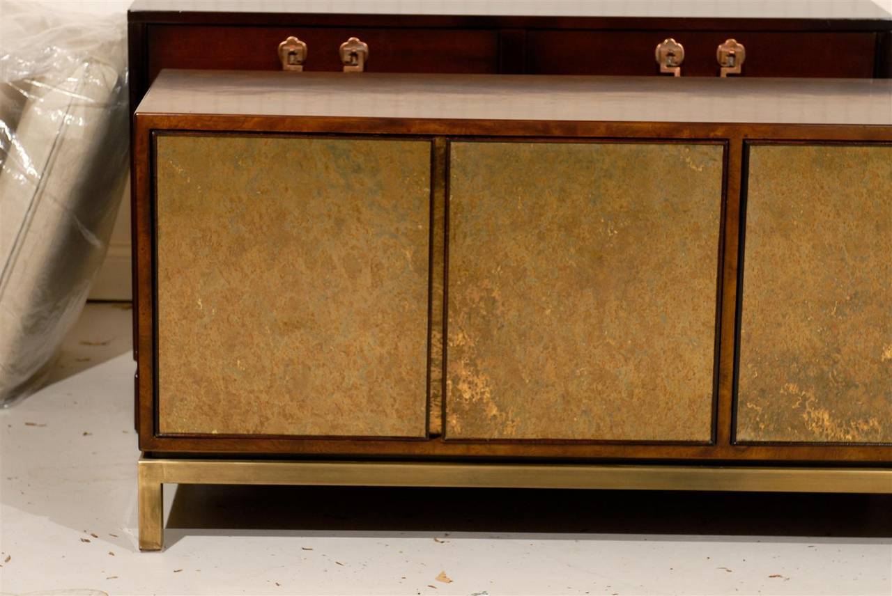 American Sophisticated Burl Walnut Credenza with Reverse Painted Doors by Widdicomb