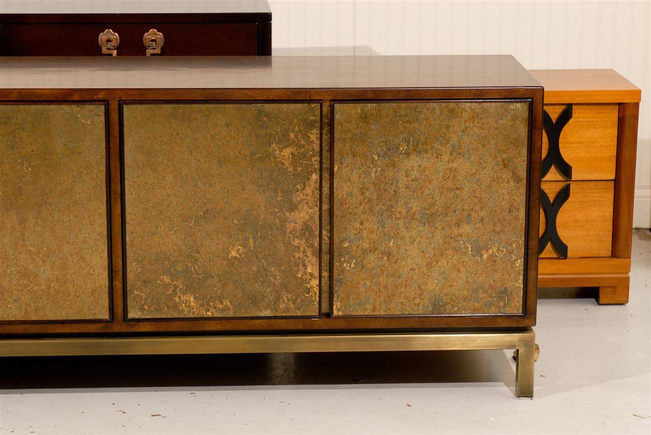 Late 20th Century Sophisticated Burl Walnut Credenza with Reverse Painted Doors by Widdicomb
