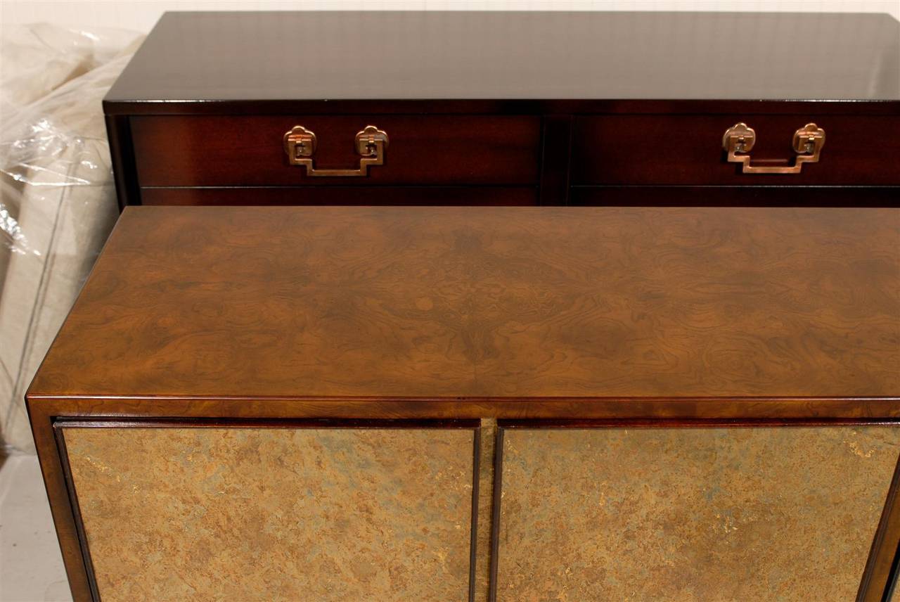 Brass Sophisticated Burl Walnut Credenza with Reverse Painted Doors by Widdicomb