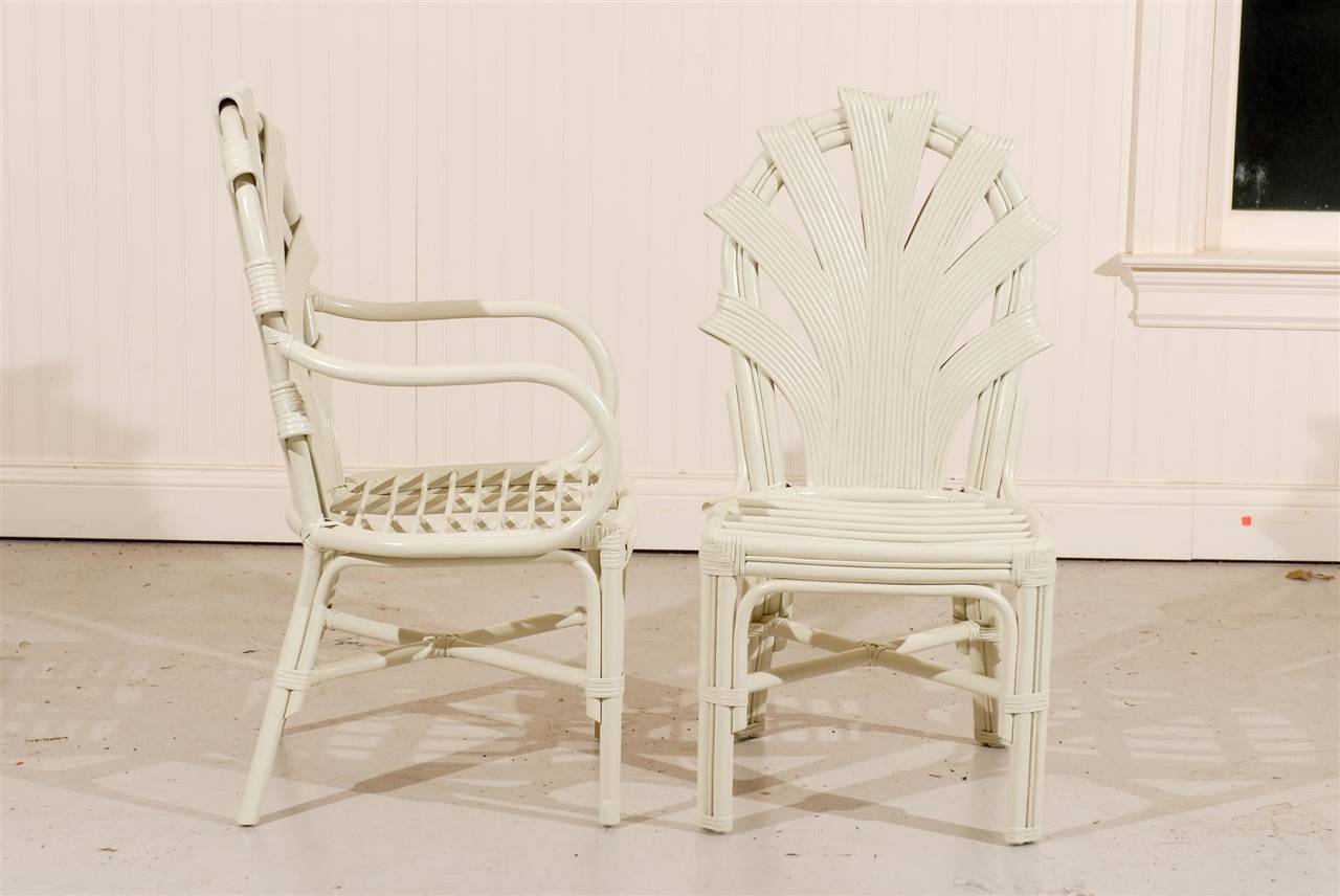 Exceptional Set of Six Vintage Rattan Dining Chairs in Cream Lacquer For Sale 1