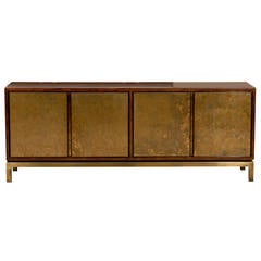 Sophisticated Burl Walnut Credenza with Reverse Painted Doors by Widdicomb