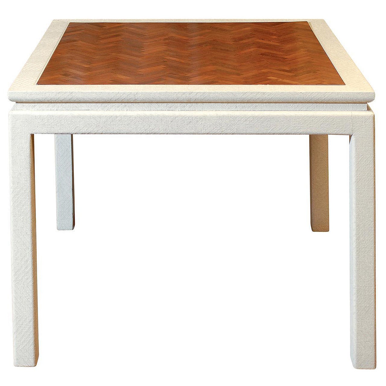 Outstanding Cream Raffia Game Table with Walnut Parquet Top