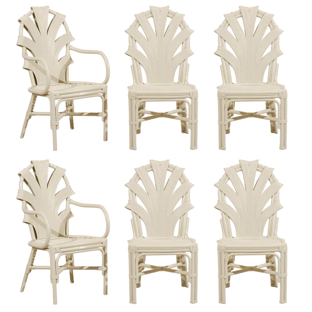 Exceptional Set of Six Vintage Rattan Dining Chairs in Cream Lacquer For Sale