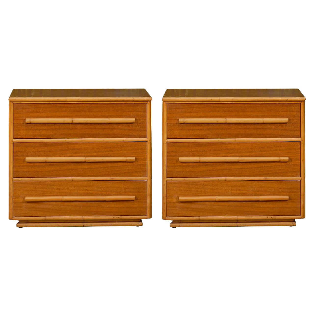 Stellar Pair of Mahogany and Bamboo Chests in the Style of Paul Frankl