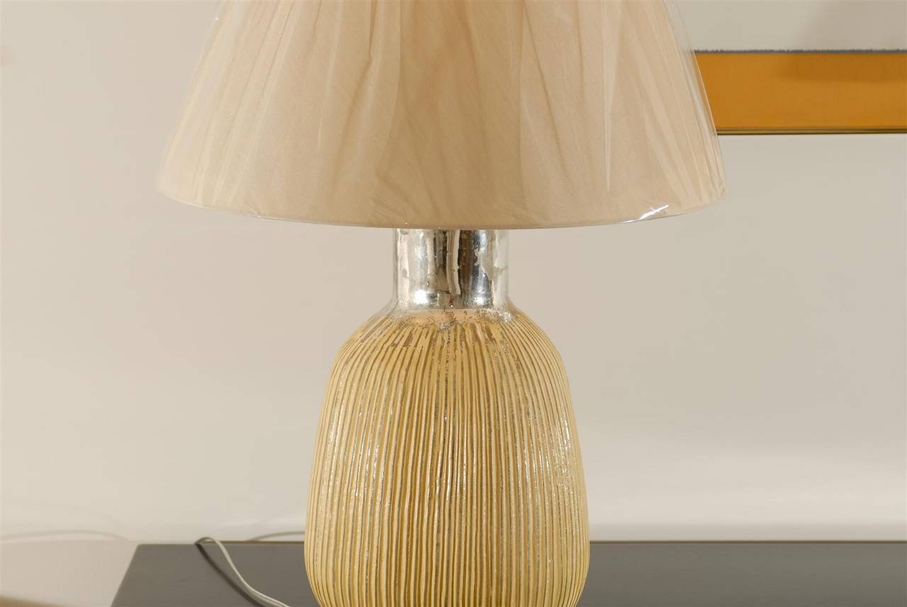 Late 20th Century Stunning Pair of Vintage Blown Mercury Glass Lamps with Cream Enamel Highlights