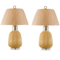 Stunning Pair of Vintage Blown Mercury Glass Lamps with Cream Enamel Highlights