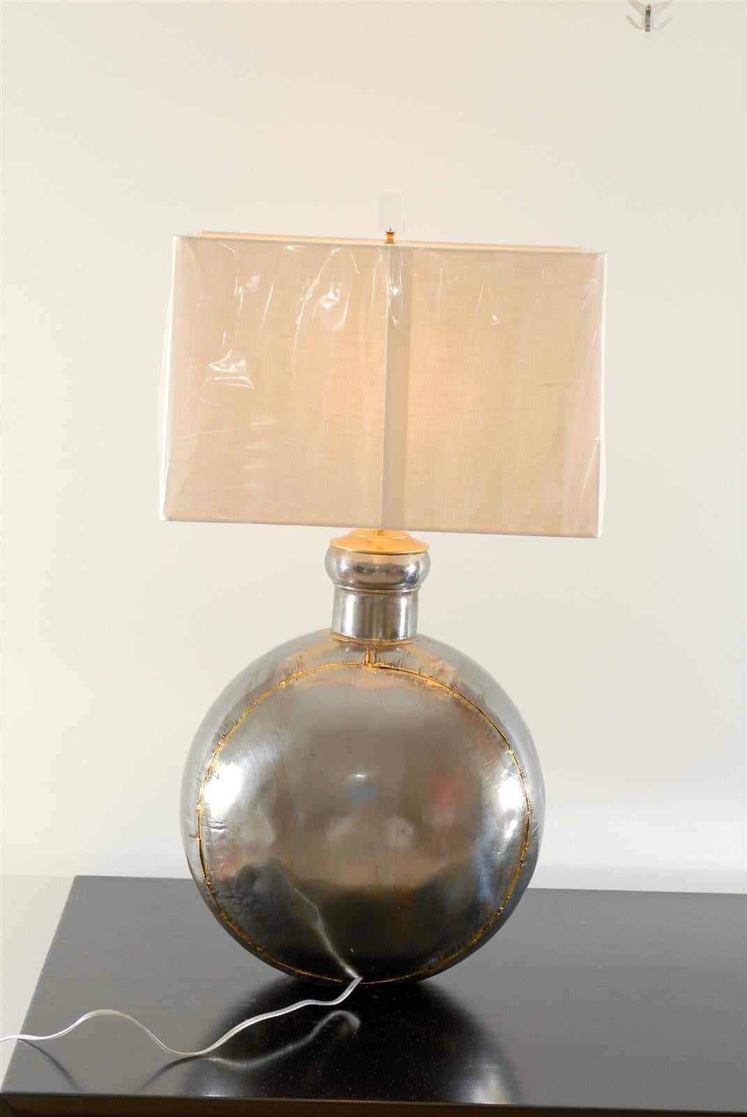 Unknown Sterling Pair of Brutalist Medallion Lamps in Nickel and Brass