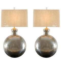 Sterling Pair of Brutalist Medallion Lamps in Nickel and Brass