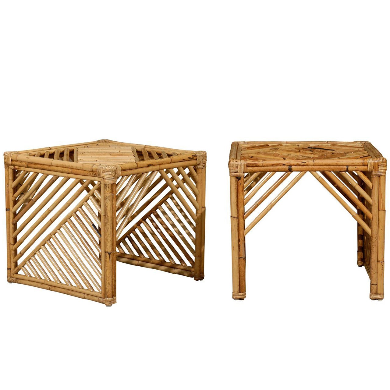 Brilliant Pair of Modern Chippendale Style End Tables in Bamboo For Sale