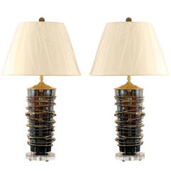 Radiant Pair of Iridescent Blown Smoke Glass Lamps with Bronze Highlights