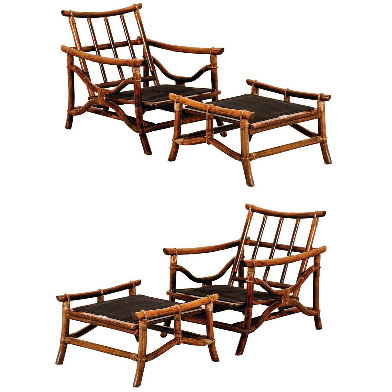 Superb Pair of Vintage Ficks Reed Rattan Lounge Chairs with Ottomans at 1stDibs