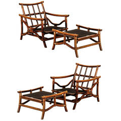 Superb Pair of Vintage Ficks Reed Rattan Lounge Chairs with Ottomans