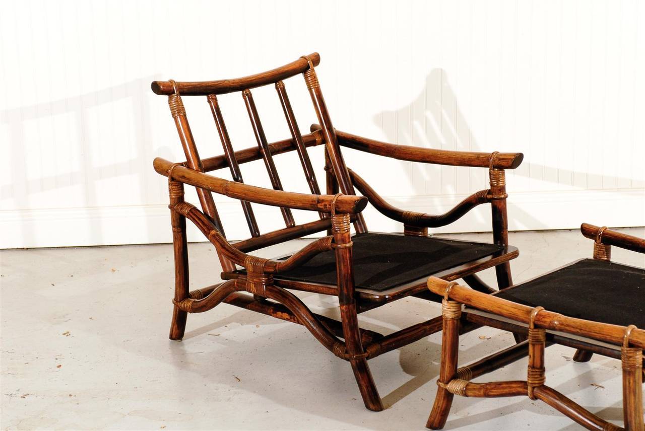 American Superb Pair of Vintage Ficks Reed Rattan Lounge Chairs with Ottomans