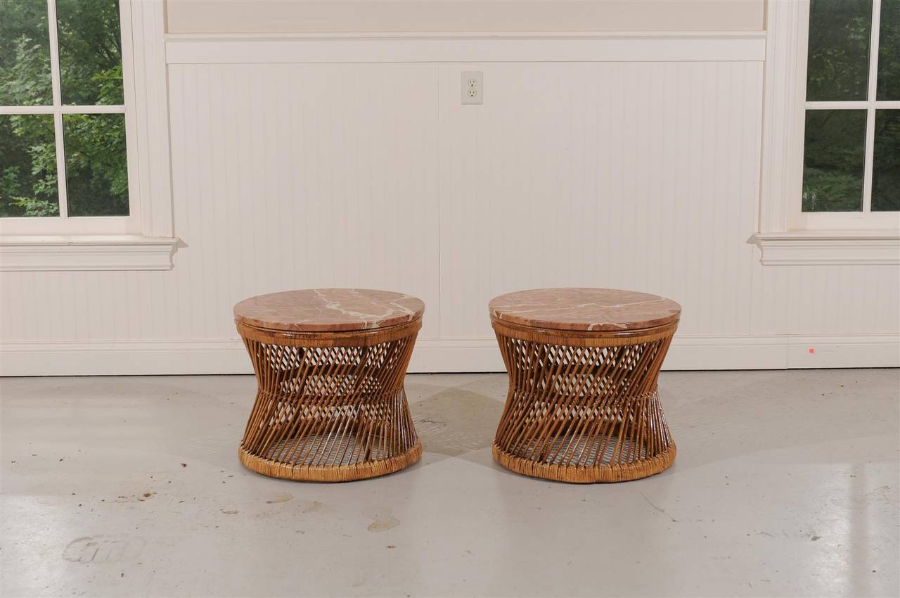 Mid-Century Modern Pair of Vintage Rattan and Marble End or Coffee Tables