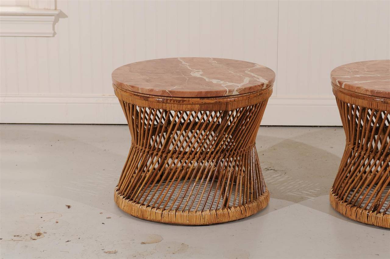 Pair of Vintage Rattan and Marble End or Coffee Tables 2