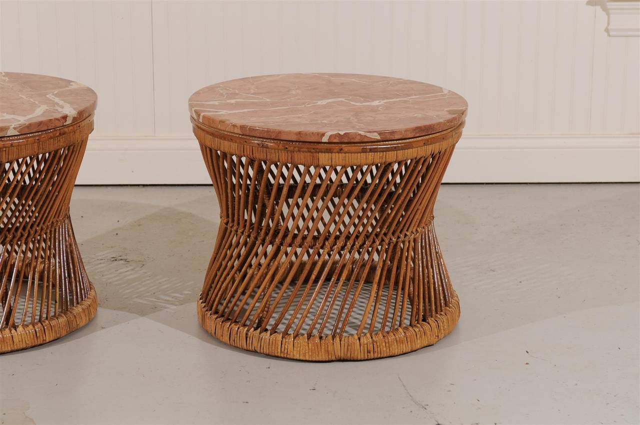 Pair of Vintage Rattan and Marble End or Coffee Tables 3