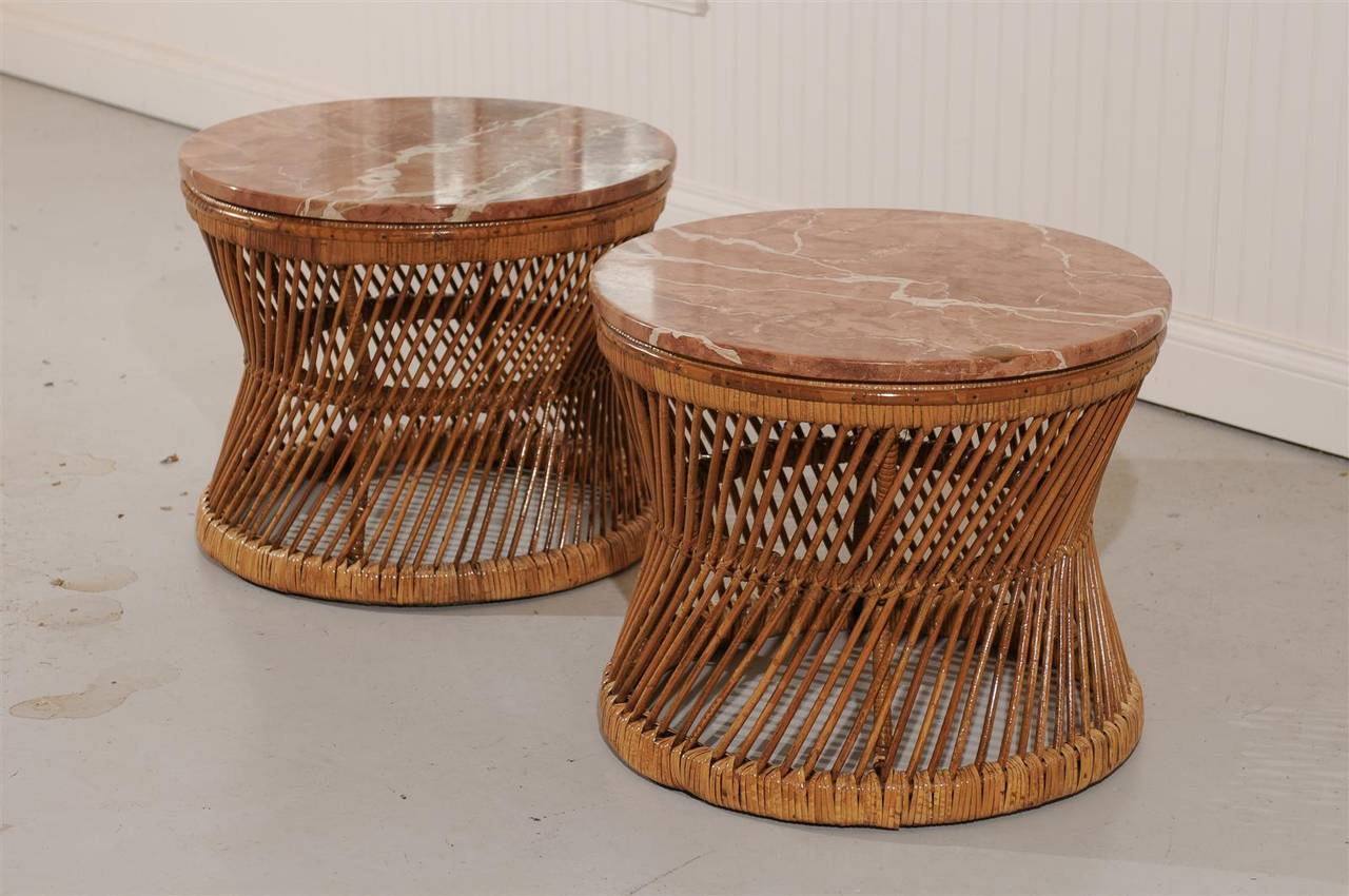 Steel Pair of Vintage Rattan and Marble End or Coffee Tables