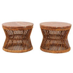 Pair of Vintage Rattan and Marble End or Coffee Tables