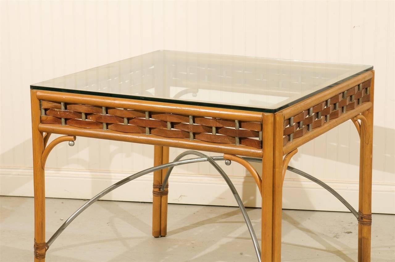 Vintage Rattan Card Table with Leather and Wrought Iron Accents 2