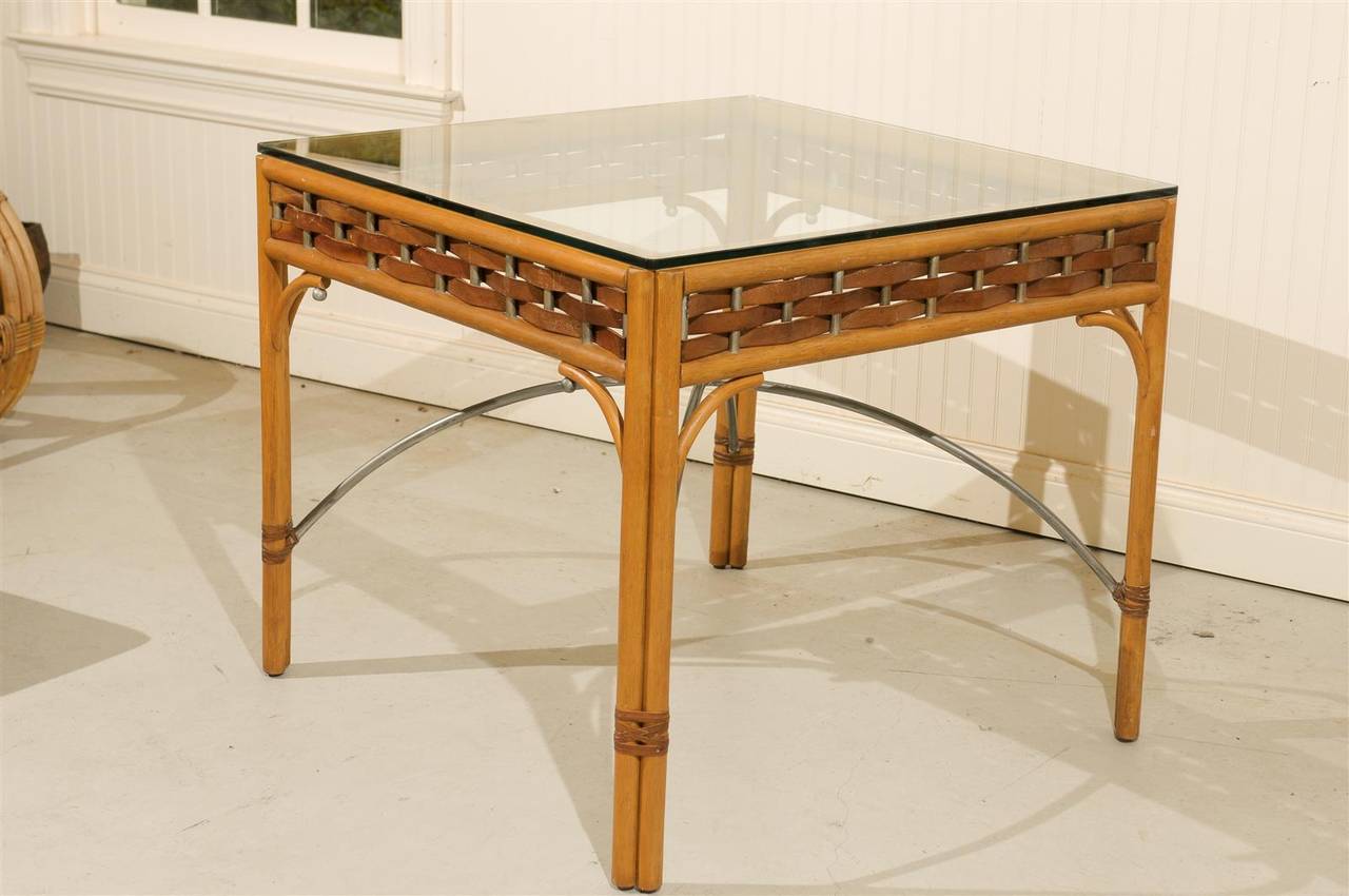 Vintage Rattan Card Table with Leather and Wrought Iron Accents 1
