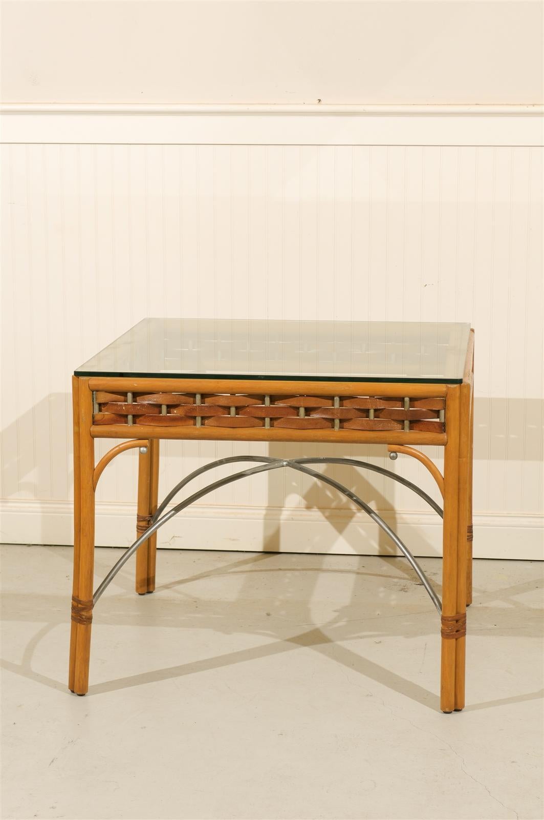 Late 20th Century Vintage Rattan Card Table with Leather and Wrought Iron Accents