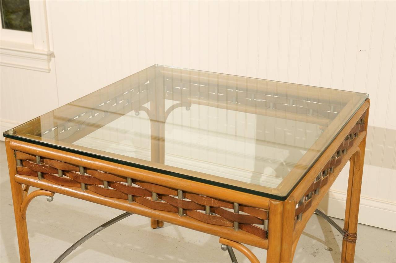 Vintage Rattan Card Table with Leather and Wrought Iron Accents 3