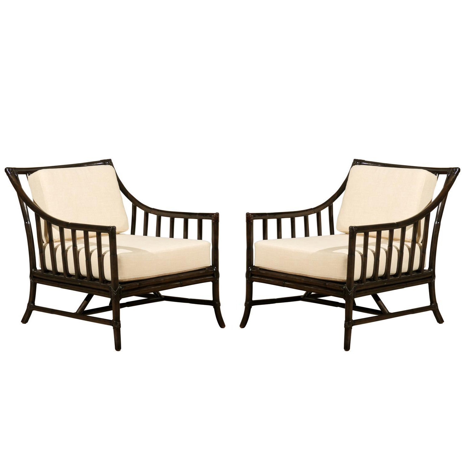 Restored Pair of Large Scale Vintage Rattan Lounge Chairs in Espresso